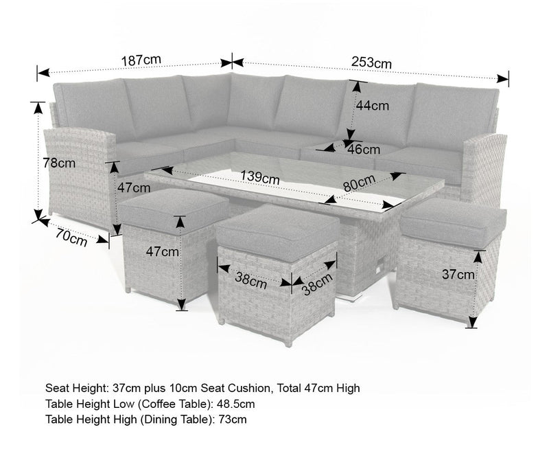 Melo Corner Sofa with Rising Table and 3 Stools in Grey Rattan - Italiancityfurniture