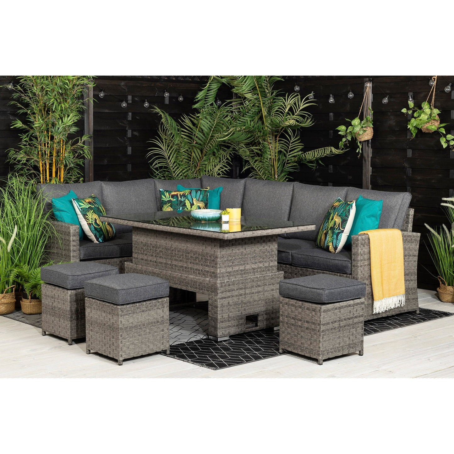 Melo Corner Sofa with Rising Table and 3 Stools in Grey Rattan - Italiancityfurniture