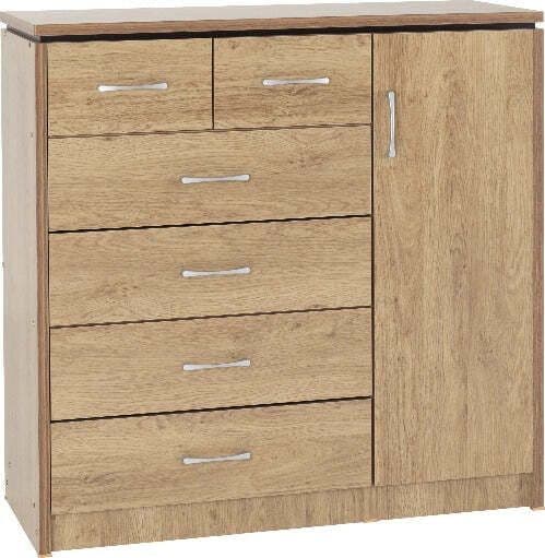 Charles 1 Door 6 Drawer Chest Oak Effect Veneer With Walnut Trim