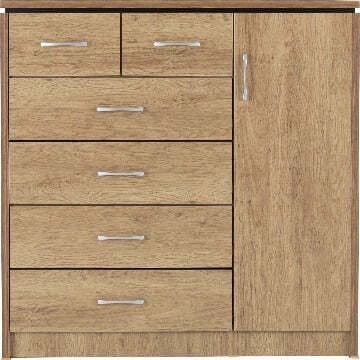 Charles 1 Door 6 Drawer Chest Oak Effect Veneer With Walnut Trim