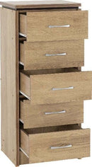 Charles 5 Drawer Narrow Chest Oak Effect Veneer With Walnut Trim