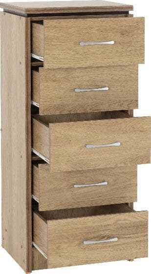 Charles 5 Drawer Narrow Chest Oak Effect Veneer With Walnut Trim