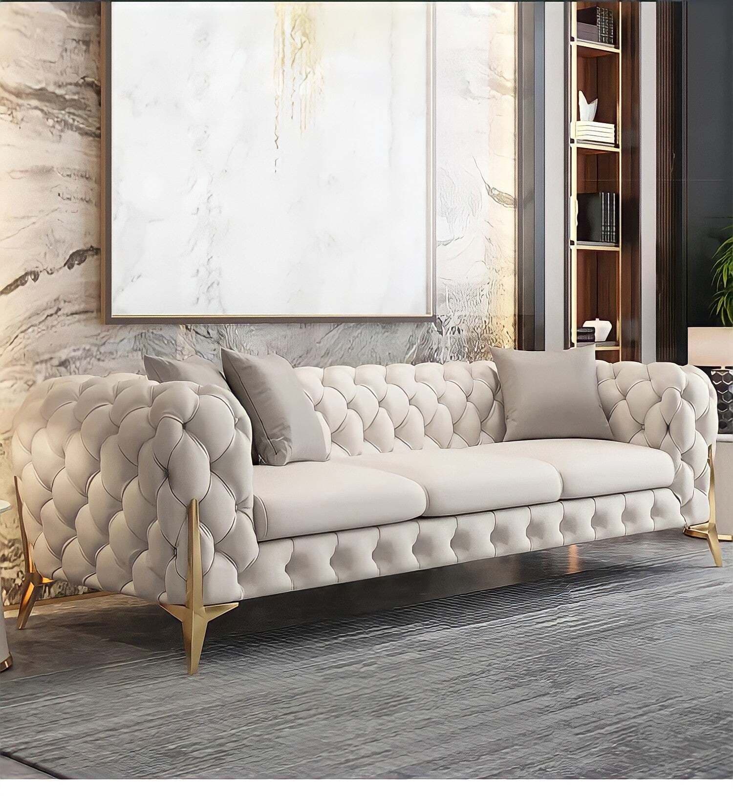 Chesterfield Sofas Sets In Luxury Light Cream Leather Style
