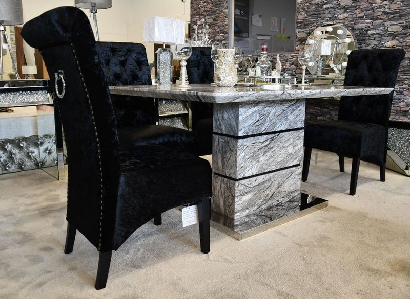 Marble Tesaro Dining Set With Premium Velvet Scroll Back Chairs