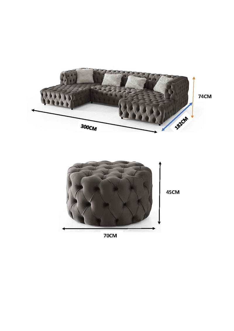 U Shaped Rocky Chesterfield Grey Corner Sofa With Puff